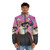 Vaporwave dog puffer jacket with vibrant neon colors and retro cyberpunk design - men front