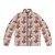 Quirky pizza puffer jacket with whimsical weenie graphics
