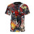Colorful and dynamic comic book collage design on a high-quality t-shirt