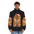 Pomeranian dog wearing a puffer jacket with Christmas lights design - men front