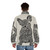 Polynesian French Bulldog wearing a puffer jacket with a tattoo design - men back