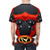 A red t-shirt featuring a psycho-themed design inspired by power rangers and other superheroes. - men back