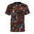 Vibrant psychedelic t-shirt featuring a cartoon design with swirling patterns and abstract shapes