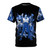 Retro video game inspired blue t-shirt with robot, ninja, and mummy imagery