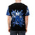 Retro video game inspired blue t-shirt with robot, ninja, and mummy imagery - men back