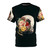 Cosmic bloom t-shirt featuring an astronaut in a field of flowers against a starry, intergalactic background
