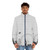 Grey puffer jacket with urban cityscape and smog design - men front