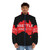 Red puffer jacket with Unsettled Since 1788 branding and indigenous Australian design - men front