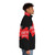 Red puffer jacket with Unsettled Since 1788 branding and indigenous Australian design - men side right