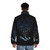 Woman wearing a blue and black puffer jacket with a galaxy and musical note design - men back