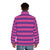 Colorful pink and purple striped puffer jacket with Cheshire cat inspired design - men back
