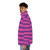 Colorful pink and purple striped puffer jacket with Cheshire cat inspired design - men side left