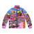 Pink puffer jacket with candyland-inspired design