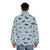 Puffer jacket with a repeating pattern of pigeons and doves in shades of gray - men back