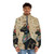 Puffer jacket featuring the Egyptian cat goddess Bastet on a papyrus background with hieroglyphics - men front