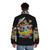 Vintage cartoon "Eat Trash Die Young" puffer jacket featuring a raccoon, trashcan, and other trash-related graphics - men back