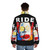 Colorful puffer jacket with an ugly, absurd face design - men back