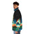 Colorful and vibrant puffer jacket featuring an alien cat design in a space-themed galaxy setting - men side left