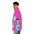 Tyler Herro wearing a light blue and pink puffer jacket with Miami Vice-inspired design - men side left