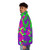 Colorful psychedelic clown prince of crime puffer jacket with vibrant pop art design - men side left