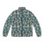 Turquoise green cheeked conure puffer jacket with bird pattern
