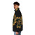 Model wearing a green puffer jacket with a permaculture design - men side left