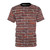 Closeup photo of a grungy, red brick wall texture used as the all-over print design on a t-shirt.