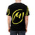 Closeup of a vibrant yellow t-shirt with a graphic novel-inspired design - men back