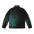 Peacock feather puffer jacket with abstract pattern on black background - Back