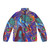 Peacock-inspired puffer jacket with vibrant, iridescent colors