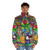 Puffer jacket with intricate stained glass pattern, featuring roses and fairytale elements - men front