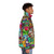 Puffer jacket with intricate stained glass pattern, featuring roses and fairytale elements - men side right