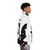 A black and white puffer jacket featuring the Tragedian character from the Pathologic video game. - men side right