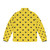 Woman wearing a yellow puffer jacket with a paparazzi mouse pattern design - Back