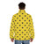 Woman wearing a yellow puffer jacket with a paparazzi mouse pattern design - men back