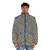 Dragon Con Marriott Carpet Puffer Jacket featuring a vibrant red, blue, and yellow striped pattern with circles and diamonds - men front