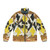 Abstract puffer jacket with colorful geometric patterns inspired by Alfred Jensen's art