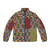 Puffer jacket with colorful geometric patterns inspired by the artwork of Alfred Jensen