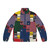 Puffer jacket featuring abstract geometric and cosmic art inspired by painter Alfred Jensen