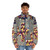 Alfred Jensen inspired geometric abstract puffer jacket with numerical symbolism and seascape imagery - men front