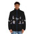Alfred Hitchcock inspired puffer jacket with a crow design, featuring the iconic director's silhouette. - men front
