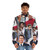 Tom Holland wearing a puffer jacket with a collage of Spider-Man images - men front