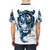 Closeup of a bold blue tiger graphic printed on a high-quality t-shirt - men back