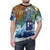 Artistic t-shirt design featuring a blue phone booth set against a winter landscape with a starry night sky and fireworks. - men front