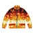 A vibrant, phoenix-inspired puffer jacket with fiery design
