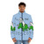Vibrant puffer jacket featuring a disco unicorn riding a triceratops, perfect for festivals and parties. - men front