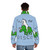 Vibrant puffer jacket featuring a disco unicorn riding a triceratops, perfect for festivals and parties. - men back