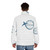 Stylish pan am themed puffer jacket with "always look up" design - men back
