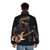 A dinosaur playing a guitar on a puffer jacket, a fun and unique prehistoric rock music lover gift. - men back