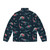 Puffer jacket featuring cute dinosaurs wearing festive sweaters - Back